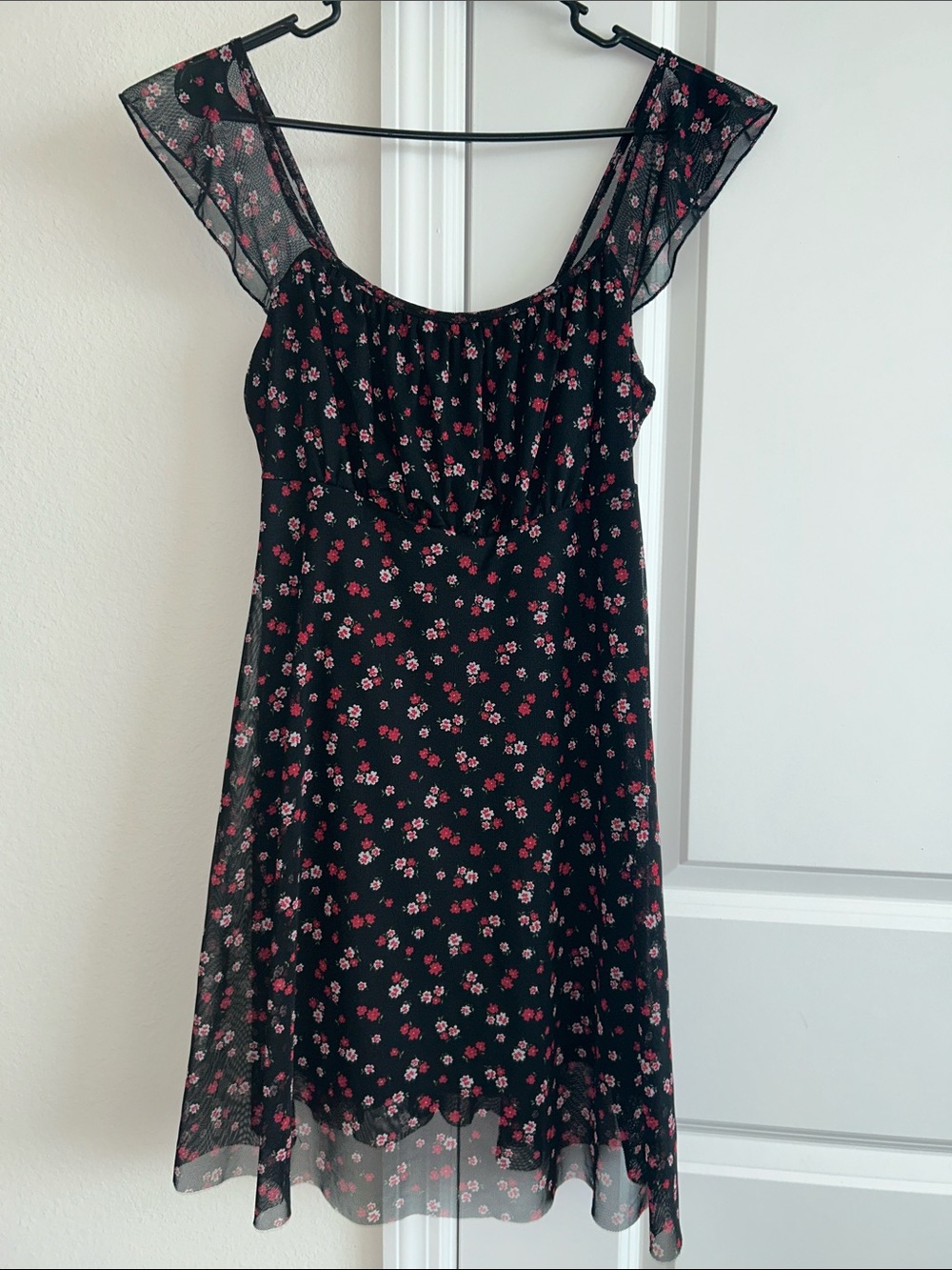 See You Monday Black Dress with Pink Floral Mesh Overlay - Picture 7 of 7